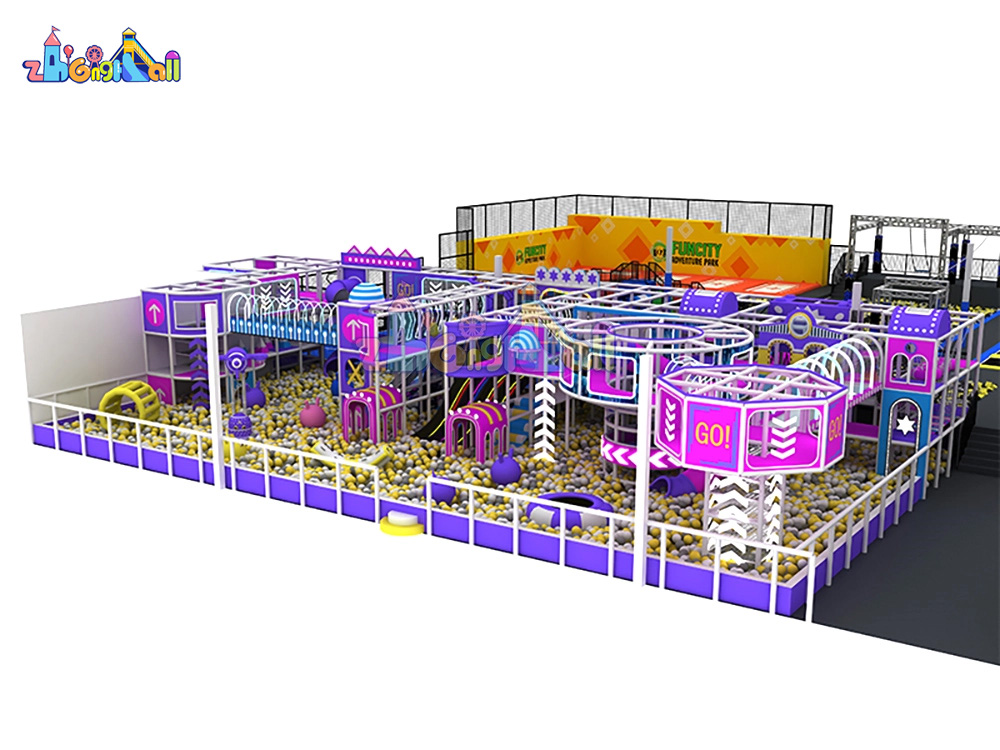 Large Indoor Trampoline Park with Colorful Obstacles and Platforms for Fun and Exercise