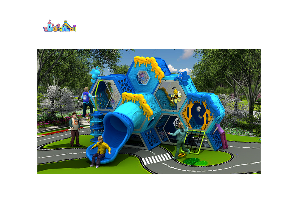 Interactive Kids Play Structure with Slide and Crawl-Through Hexagonal Design