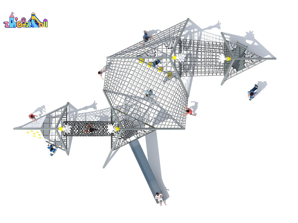 Outdoor Playground Climbing Pyramid with Slides and Rope Tunnels
