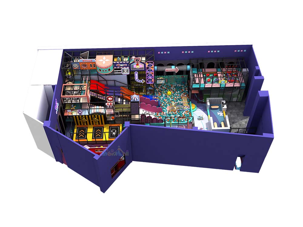 470㎡ Vibrant Indoor Playground Model with Purple Dominance, Featuring Multicolored Decorations and Various Themed Rooms