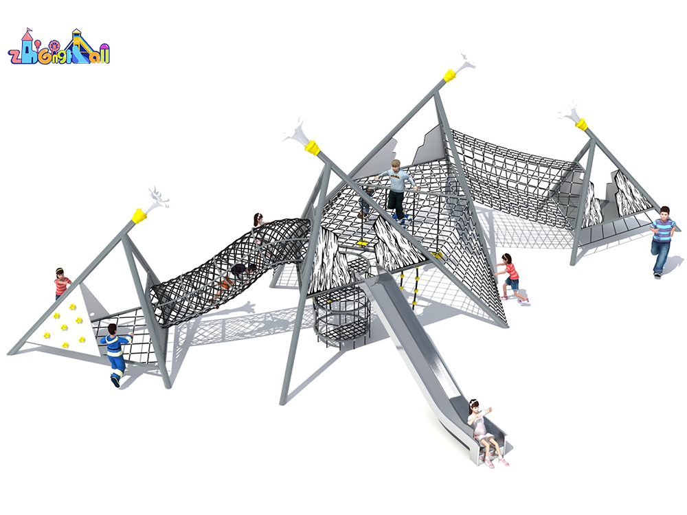 Outdoor Playground Climbing Pyramid with Slides and Rope Tunnels