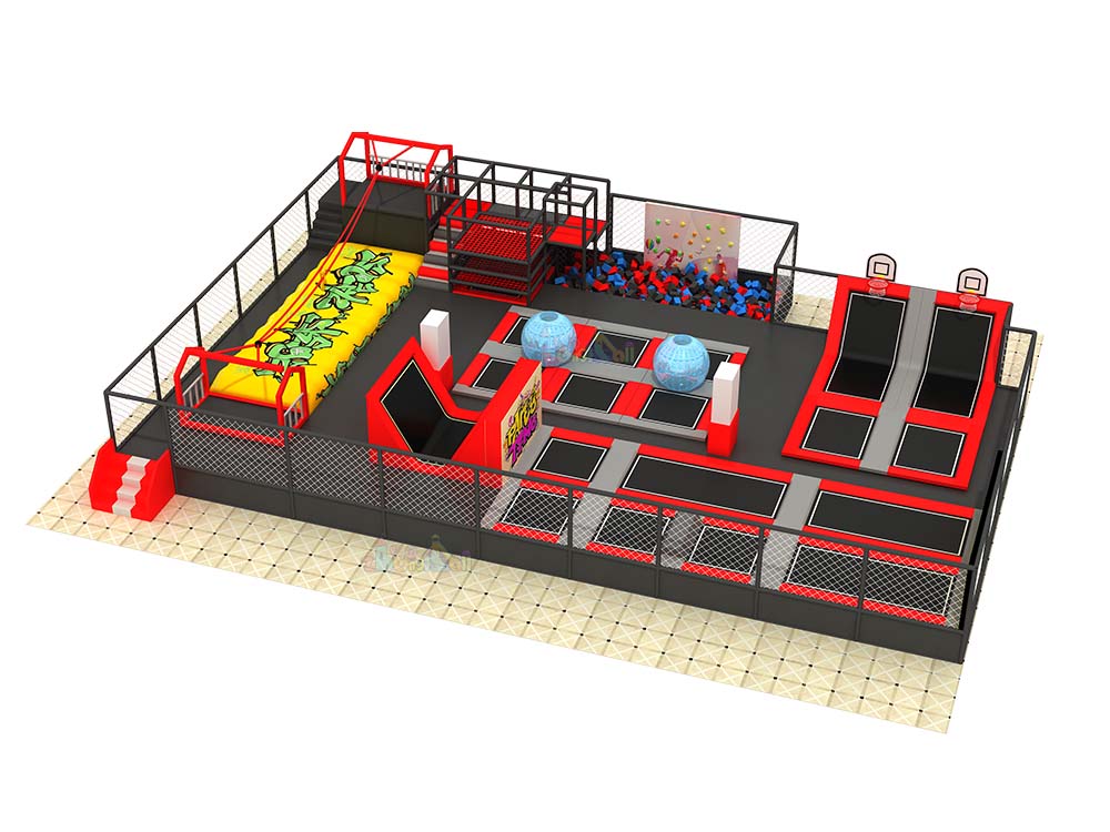 300㎡ Vibrant Trampoline Park Equipment Layout for Sale: Featuring Slides, Climbing Walls, and Bouncing Zones in a Colorful Indoor Playground