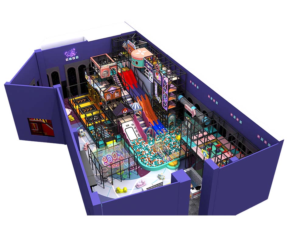 470㎡ Vibrant Indoor Playground Model with Purple Dominance, Featuring Multicolored Decorations and Various Themed Rooms